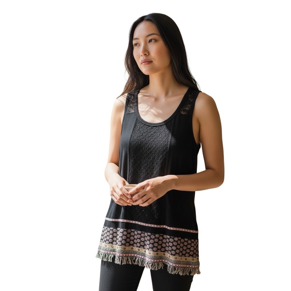 Miss Me Women's Black Sequin Printed Lace Placket Tank Top Size Large